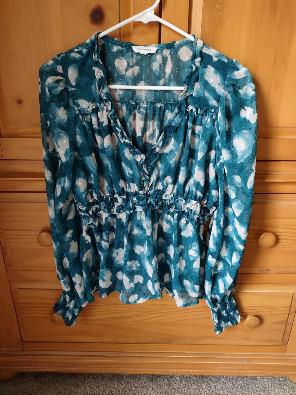 Blu Pepper Watercolor Floral Swiss Dot Ruffle Blouse Medium Boho Cottagecore Top